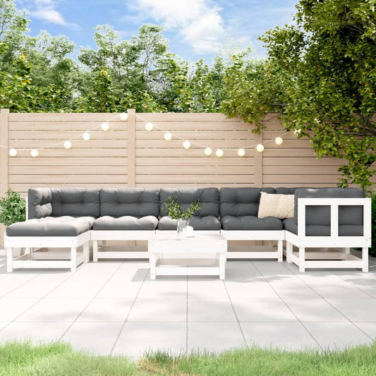 Salon de jardin 8 pcs avec coussins blanc bois massif