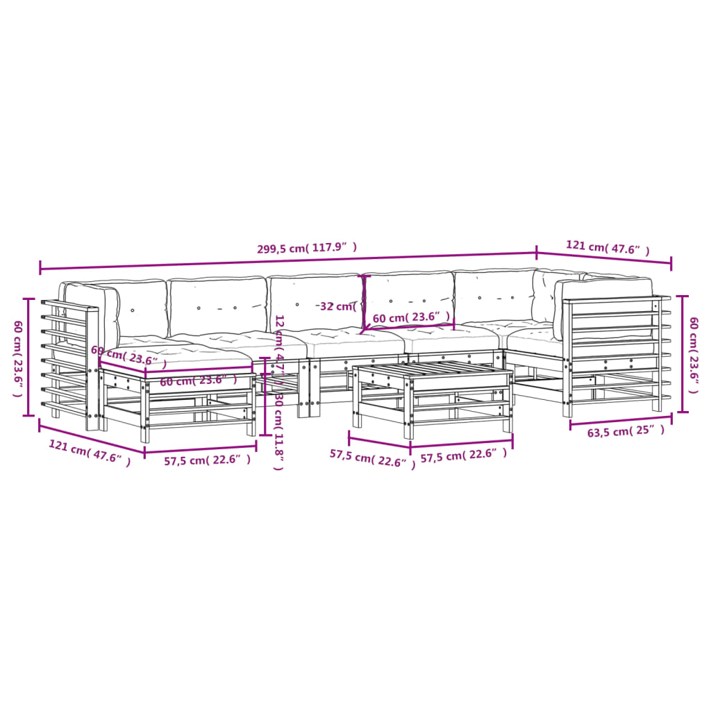 Salon de jardin 8 pcs avec coussins gris bois massif