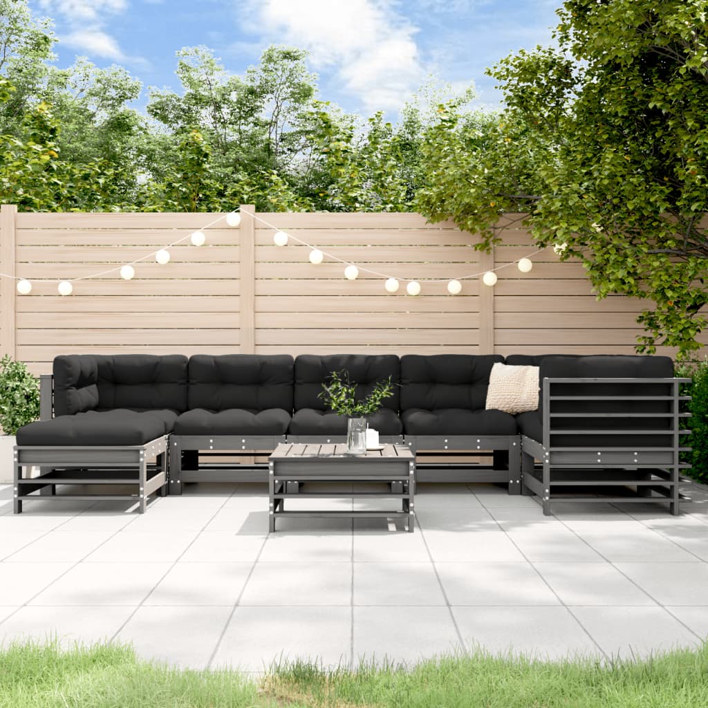 Salon de jardin 8 pcs avec coussins gris bois massif