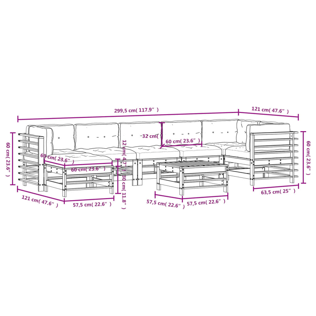 Salon de jardin 8 pcs avec coussins marron miel bois massif