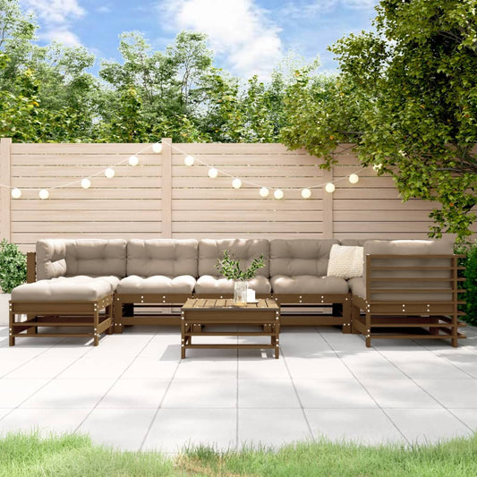 Salon de jardin 8 pcs avec coussins marron miel bois massif