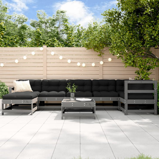 Salon de jardin 8 pcs avec coussins gris bois massif