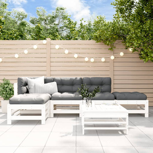 Salon de jardin 6 pcs avec coussins blanc bois massif