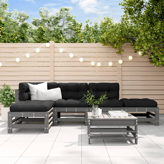 Salon de jardin 6 pcs avec coussins gris bois massif