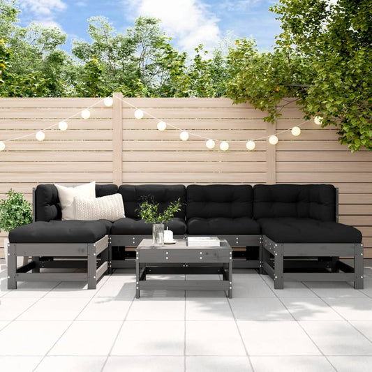 Salon de jardin 7 pcs avec coussins gris bois massif