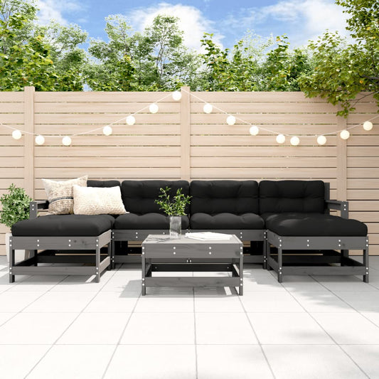 Salon de jardin 7 pcs avec coussins gris bois massif