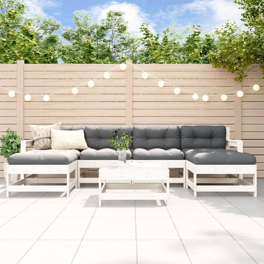 Salon de jardin 7 pcs avec coussins blanc bois massif