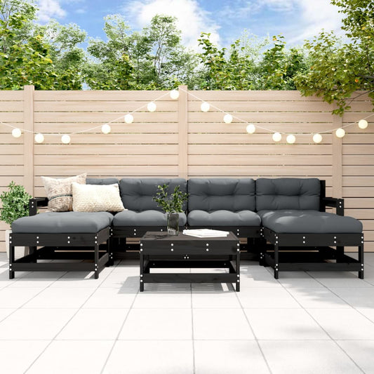 Salon de jardin 7 pcs avec coussins noir bois massif