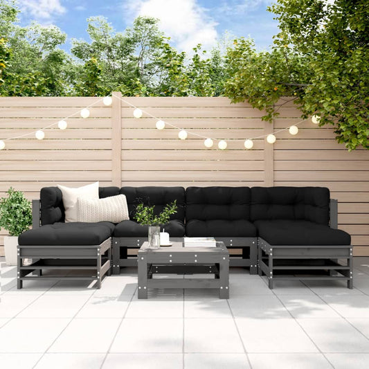 Salon de jardin 7 pcs avec coussins gris bois massif