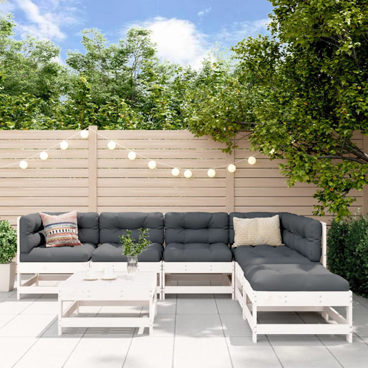 Salon de jardin 7 pcs avec coussins blanc bois massif