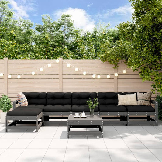 Salon de jardin 7 pcs avec coussins gris bois massif