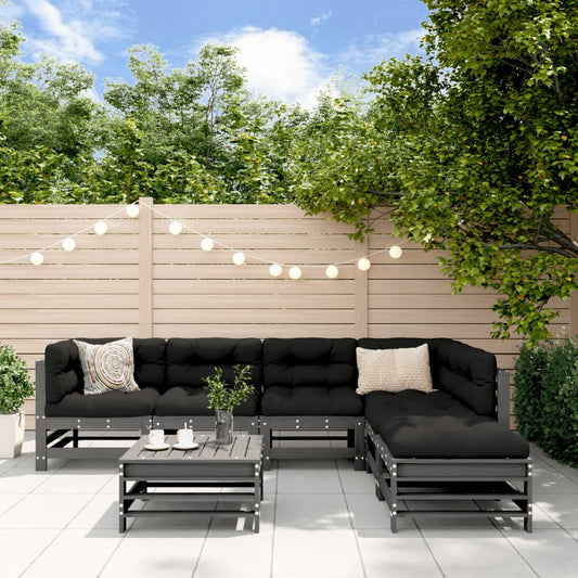 Salon de jardin 7 pcs avec coussins gris bois massif