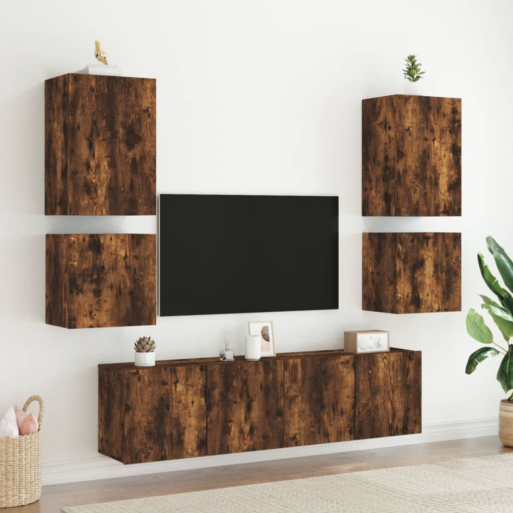 Muebles TV de pared 2 piezas roble ahumado 40,5x30x40cm madera contrachapada