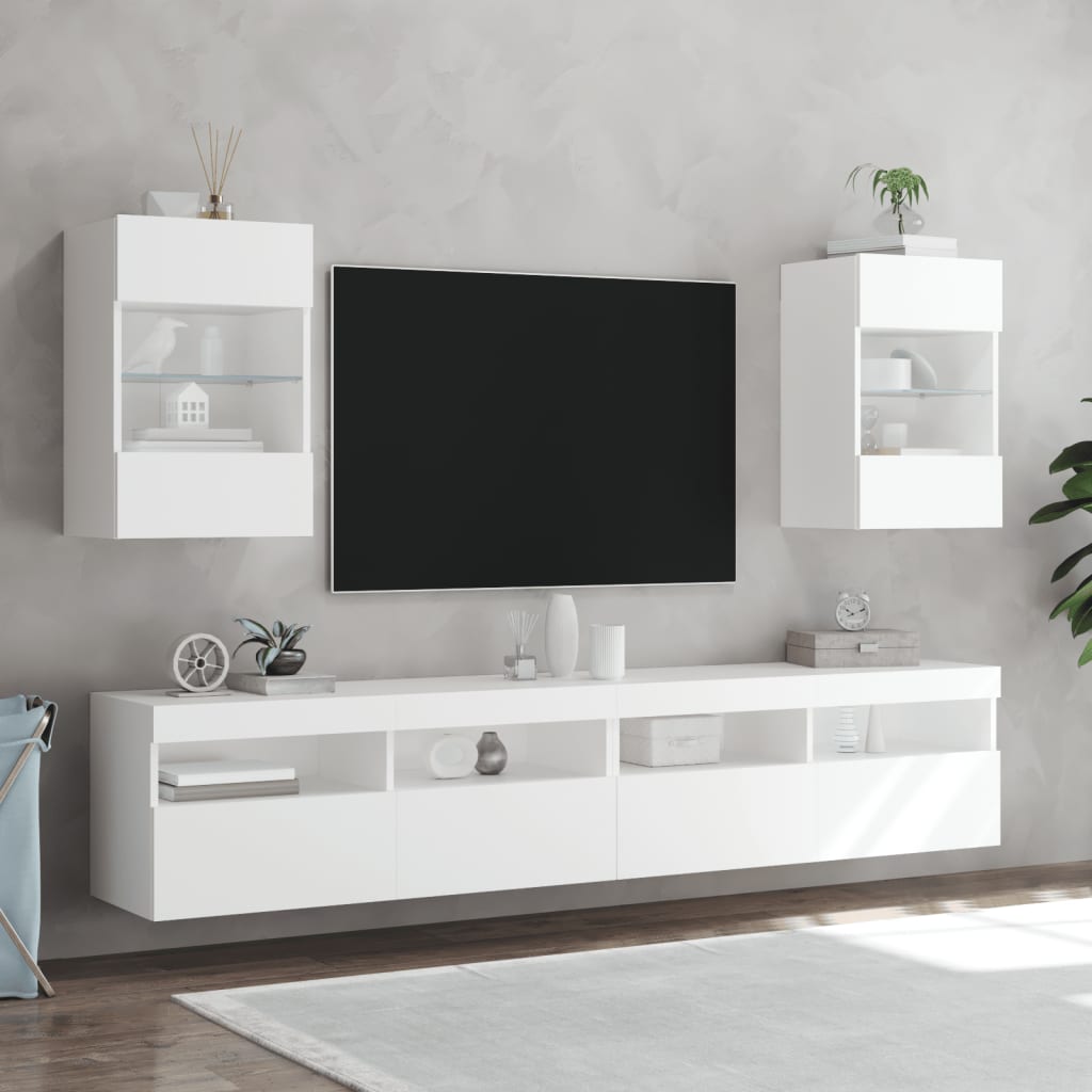 Meubles TV muraux avec lumières LED 2 pcs blanc 40x30x60,5 cm