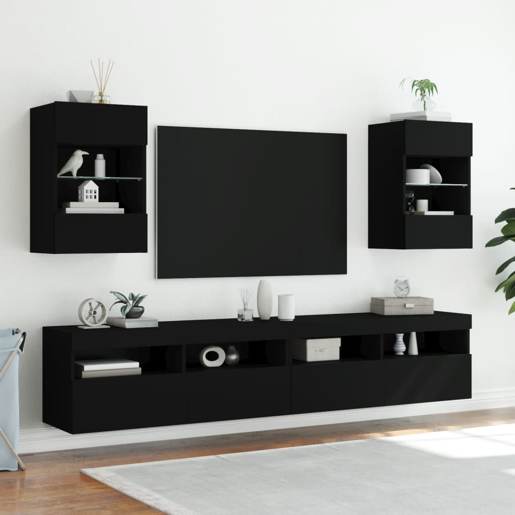 Meubles TV muraux avec lumières LED 2 pcs noir 40x30x60,5 cm