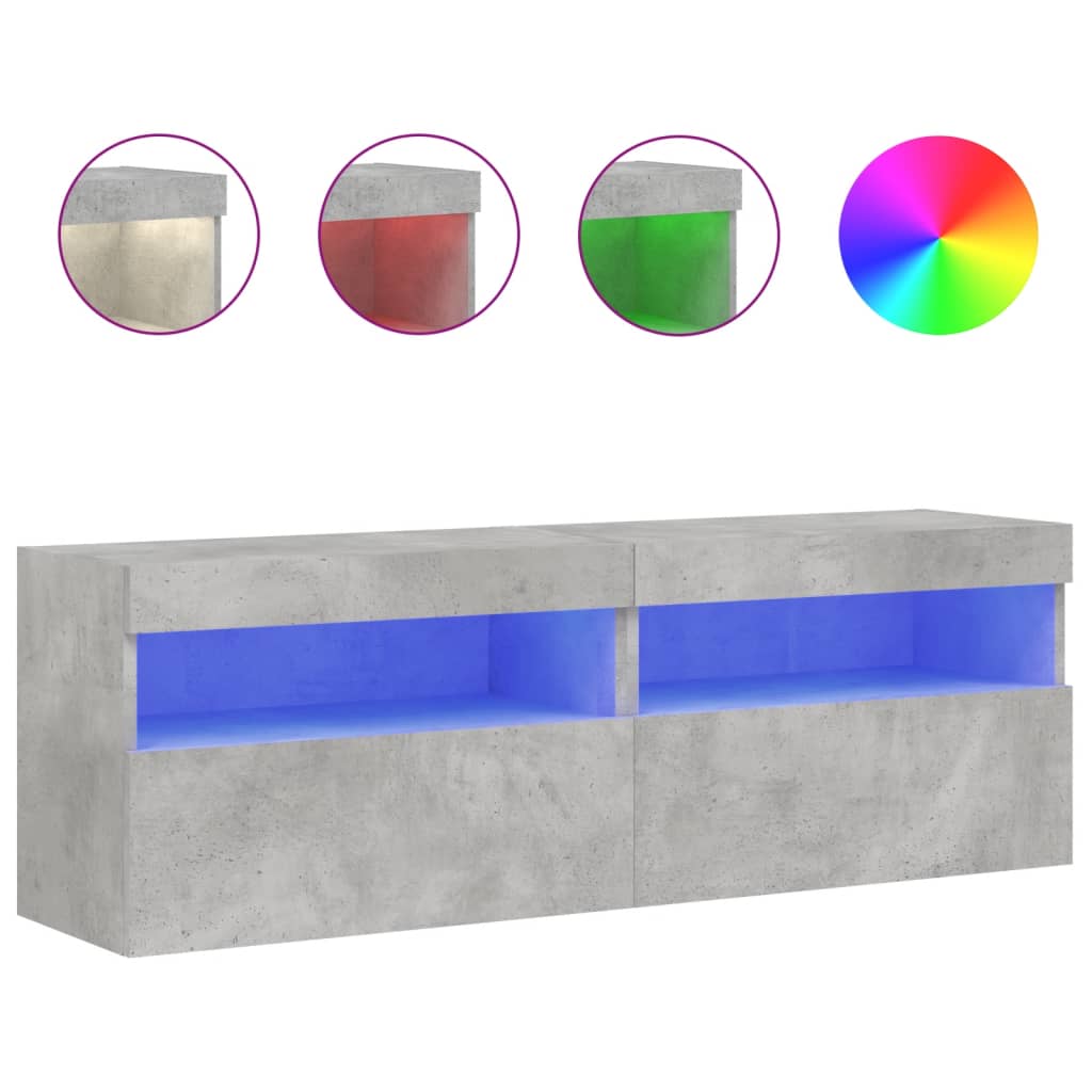 Meubles TV muraux et lumières LED 2pcs gris béton 60x30x40 cm