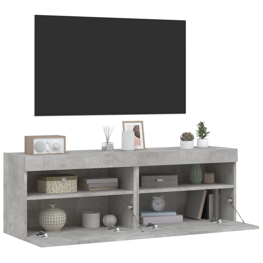 Meubles TV muraux et lumières LED 2pcs gris béton 60x30x40 cm