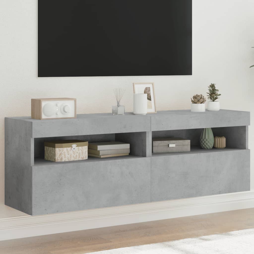 Meubles TV muraux et lumières LED 2pcs gris béton 60x30x40 cm