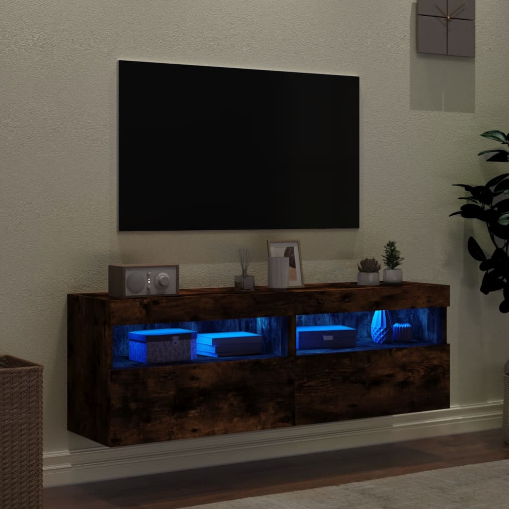 Meubles TV muraux et lumières LED 2pcs chêne fumé 60x30x40 cm