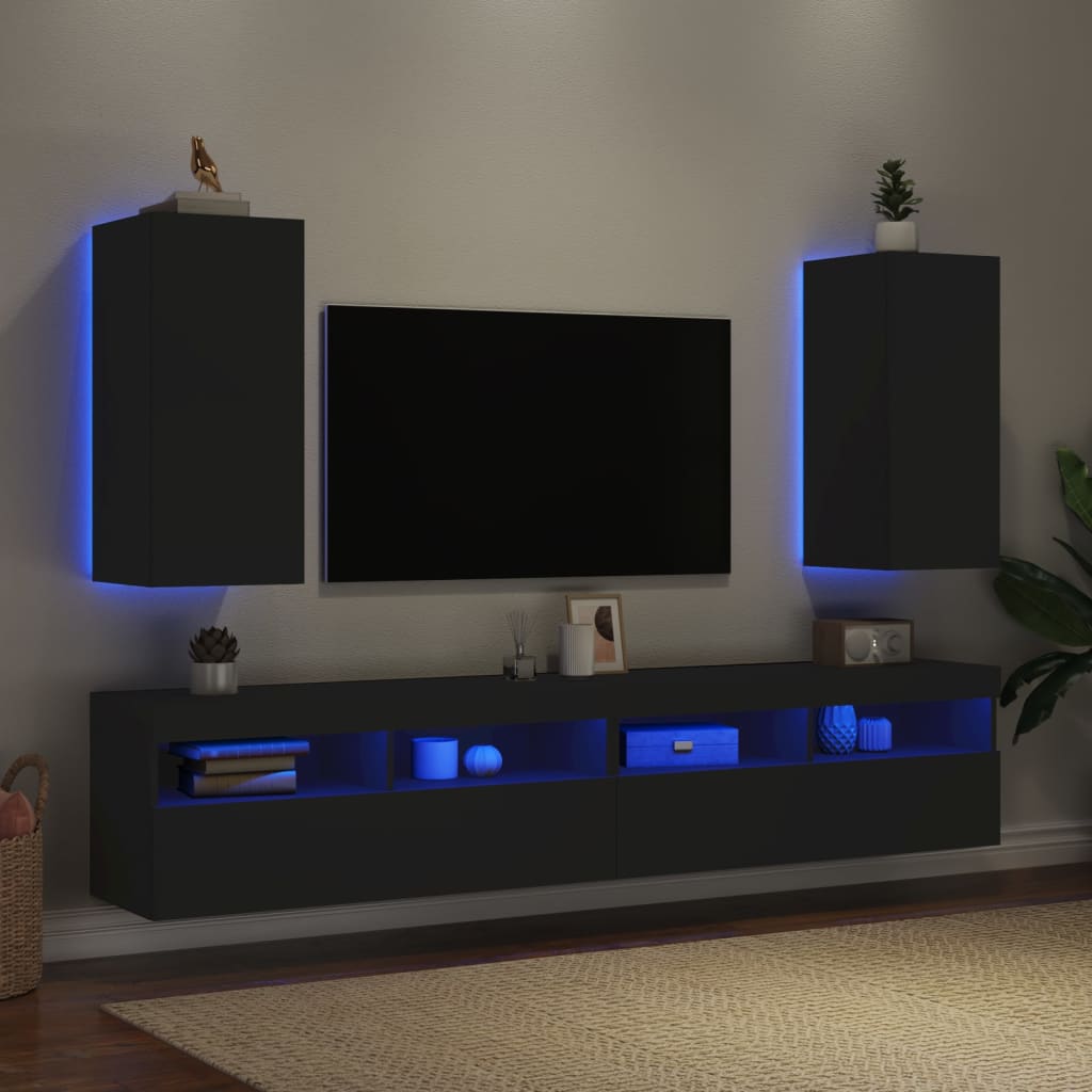 Meubles TV muraux avec lumières LED 2 pcs noir 30,5x35x70 cm