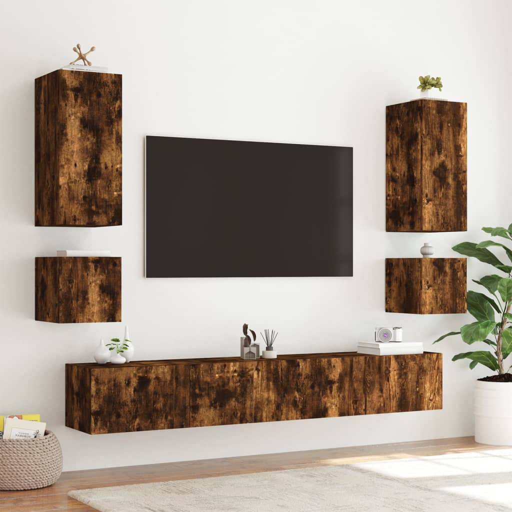 Meubles TV muraux et lumières LED 2pcs chêne fumé 40,5x35x40 cm