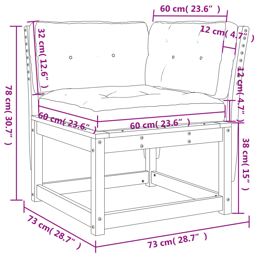 Canapé d'angle de jardin et coussins 73x73x78cm bois pin massif