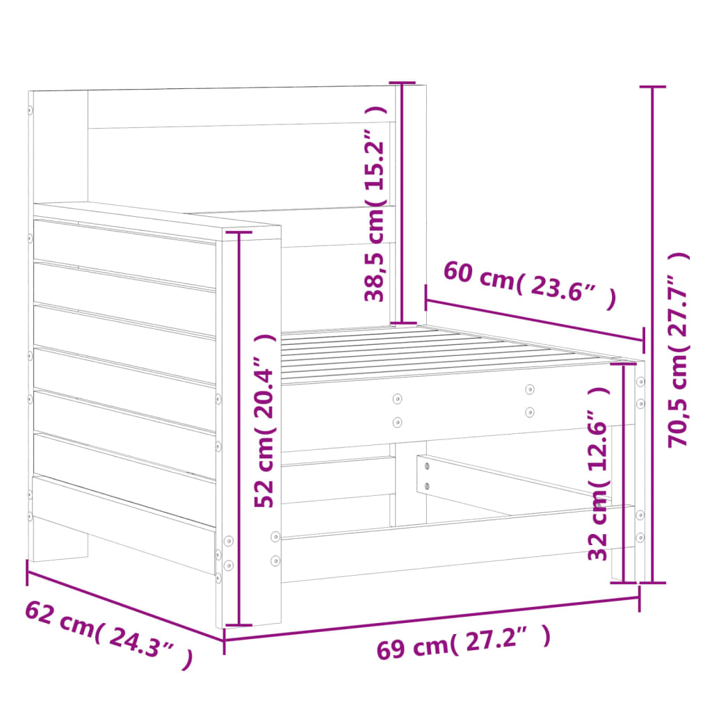 Canapé de jardin accoudoir 69x62x70,5 cm bois massif de pin