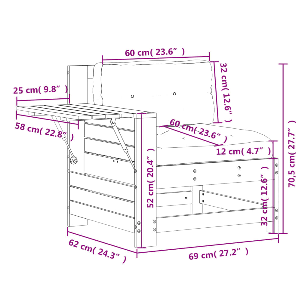 Canapé de jardin accoudoir coussins cire marron bois pin massif