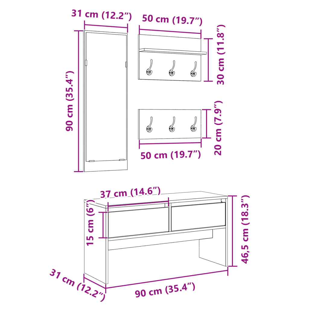 Ensemble de meubles de couloir 4 pcs noir bois d'ingénierie