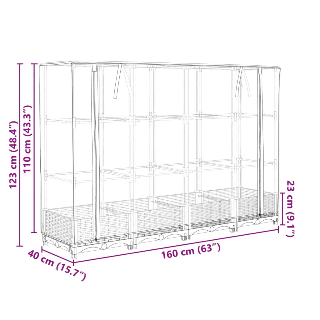 Jardinière surélevée avec housse aspect rotin 160x40x123 cm