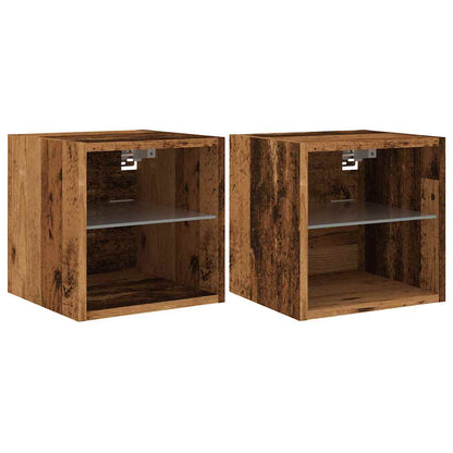 Meubles TV muraux et lumières LED 2pcs vieux bois 30x28,5x30cm