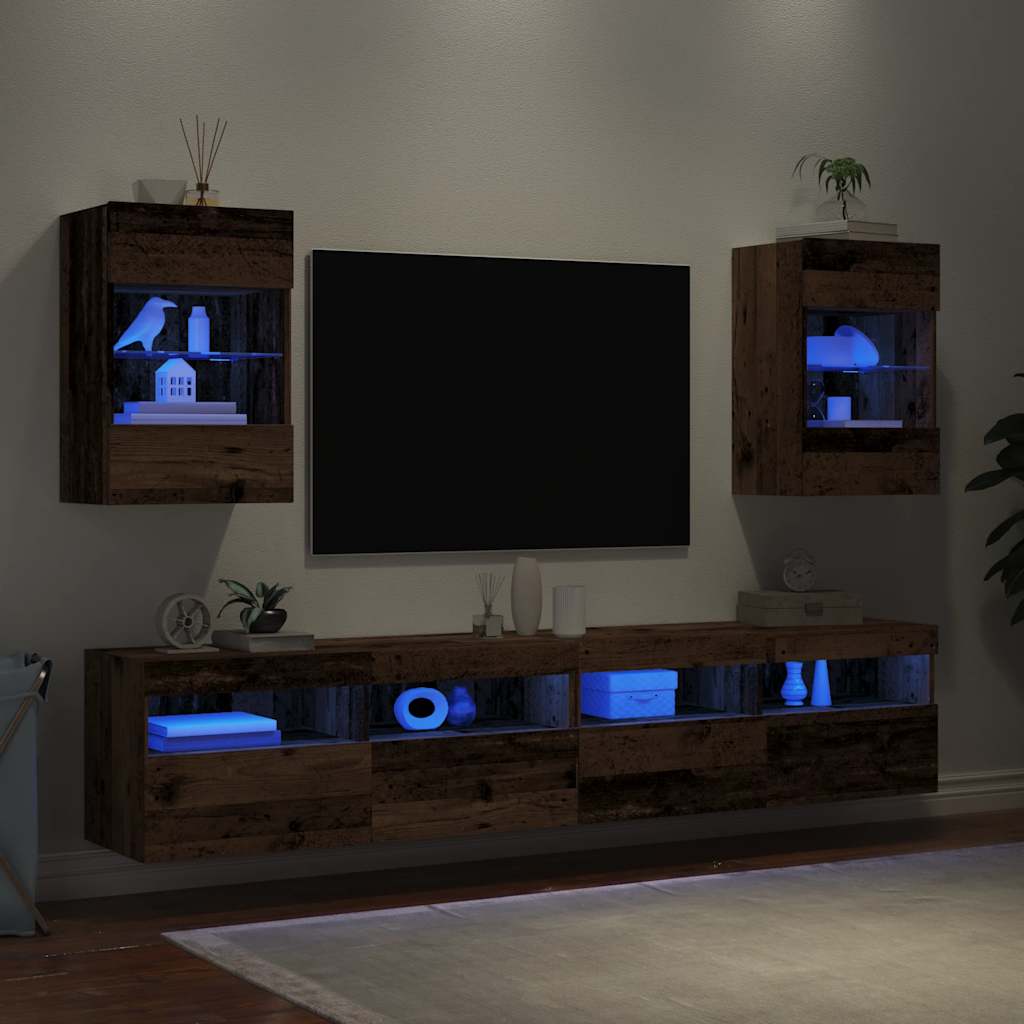 Meubles TV muraux et lumières LED 2 pcs vieux bois 40x30x60,5cm