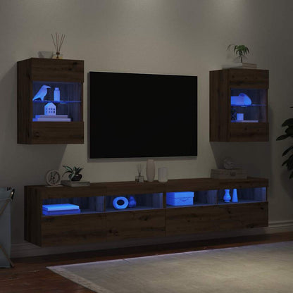 Meubles TV muraux avec lumières LED 2 pcs chêne artisanal